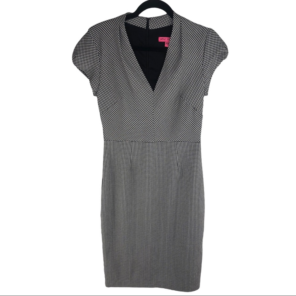 Betsey Johnson Mini Houndstooth Ruched Cap Sleeve Stretchy Pencil Dress Size 4